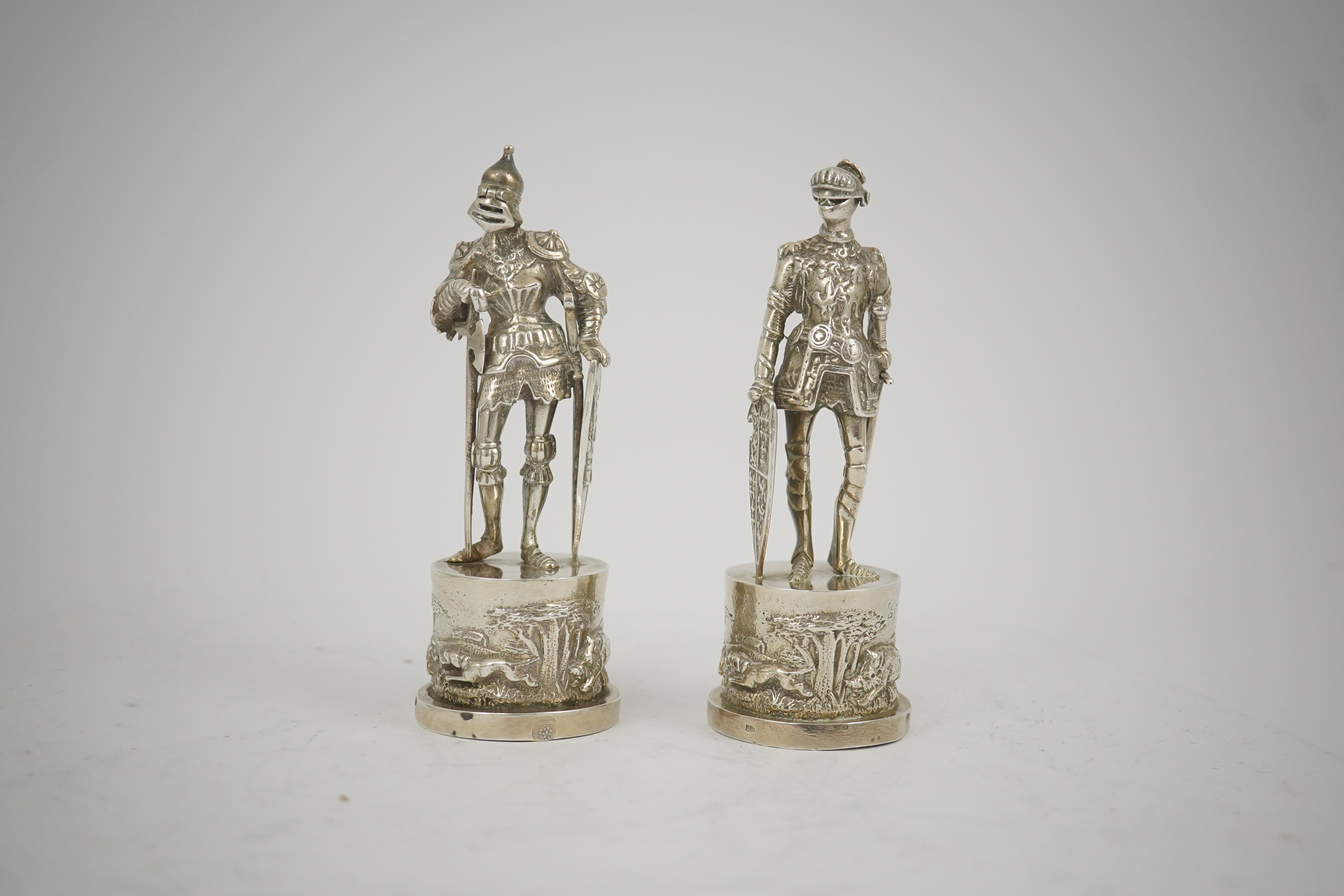 Two similar late 19th/early 20th century Hanau? silver miniature model Knights, makers mark HT